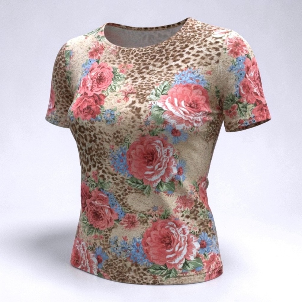 VTG‎ Graff Mixed Print Leopard Floral Rose Short Sleeve Top Tan Pink Women S